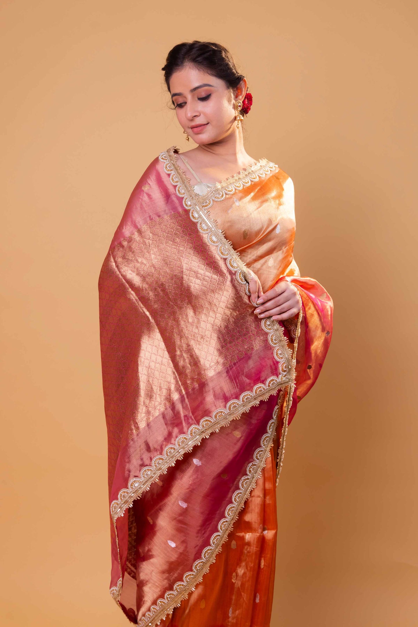 Orange & Rani Pure Tissue Silk Saree With Embroidery Border