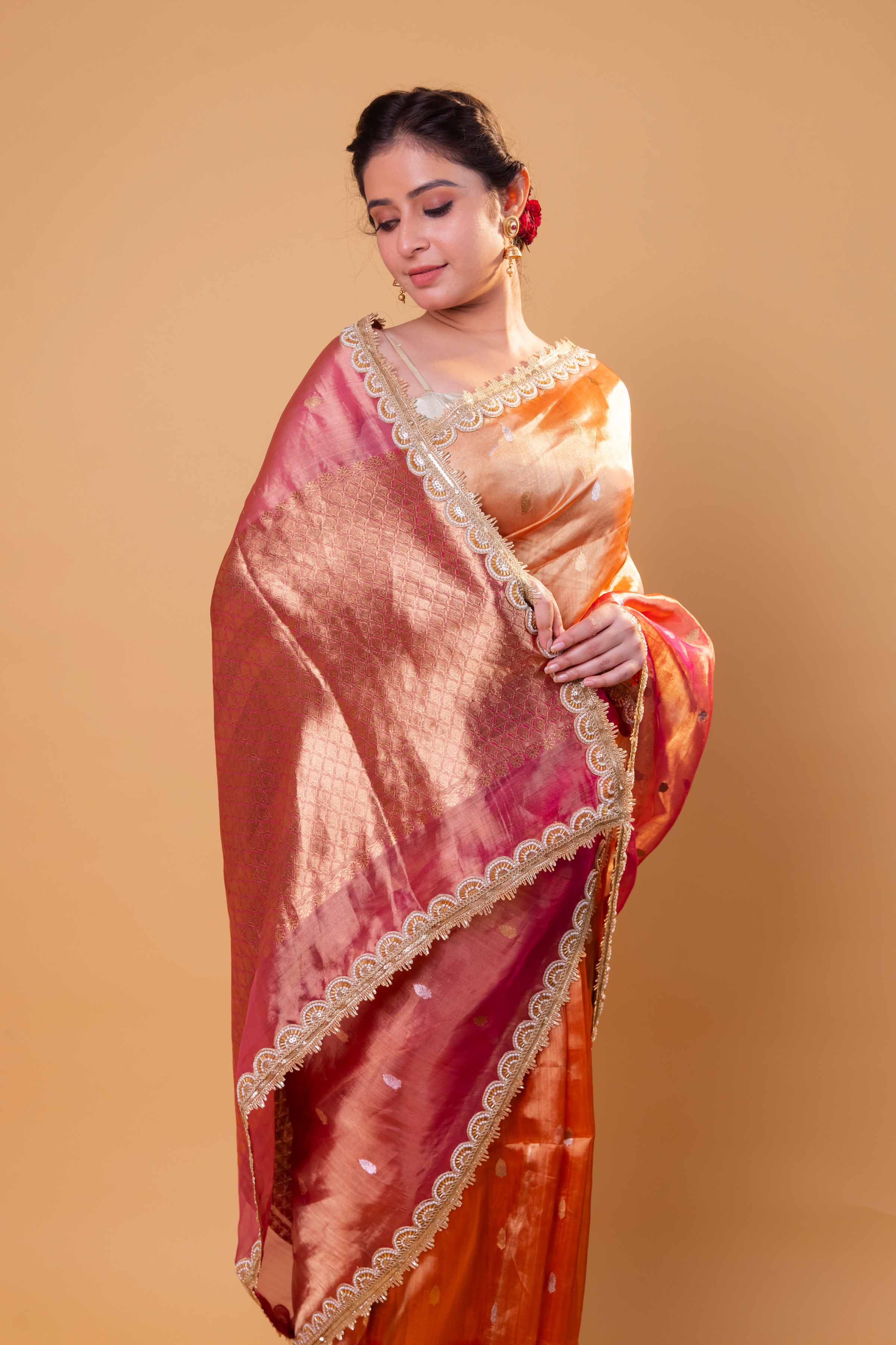 Orange & Rani Pure Tissue Silk Saree With Embroidery Border