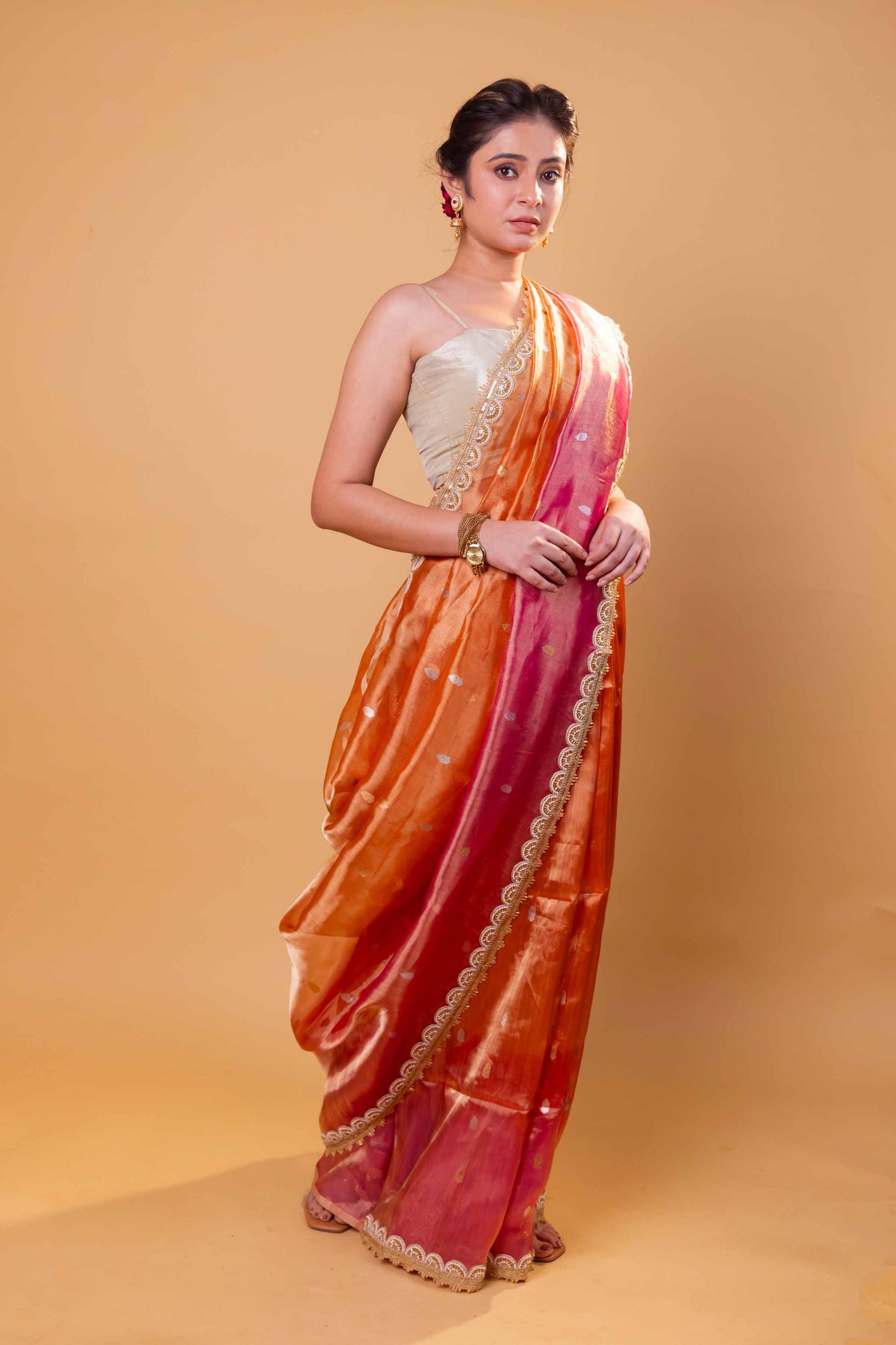 Orange & Rani Pure Tissue Silk Saree With Embroidery Border