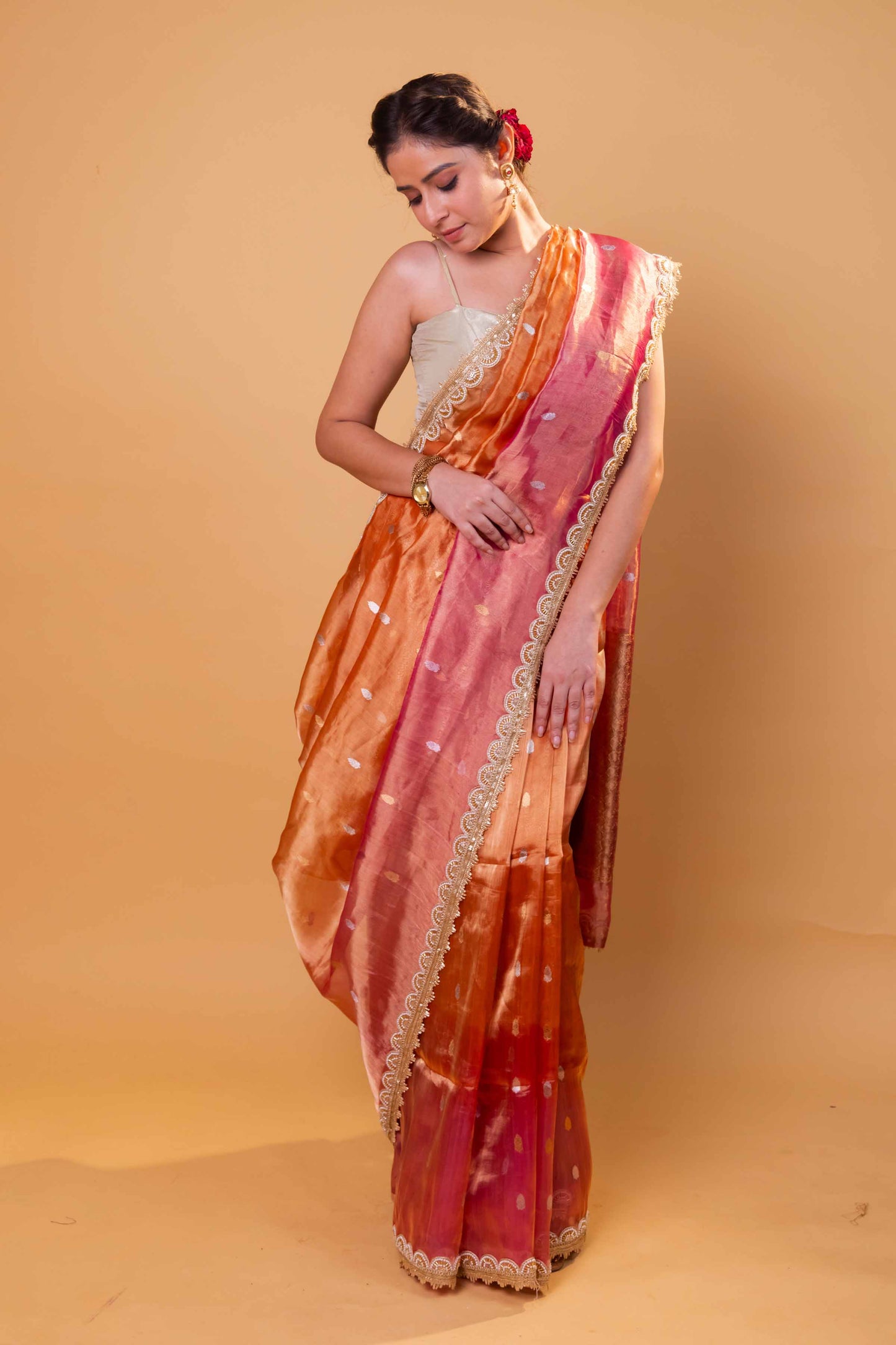 Orange & Rani Pure Tissue Silk Saree With Embroidery Border
