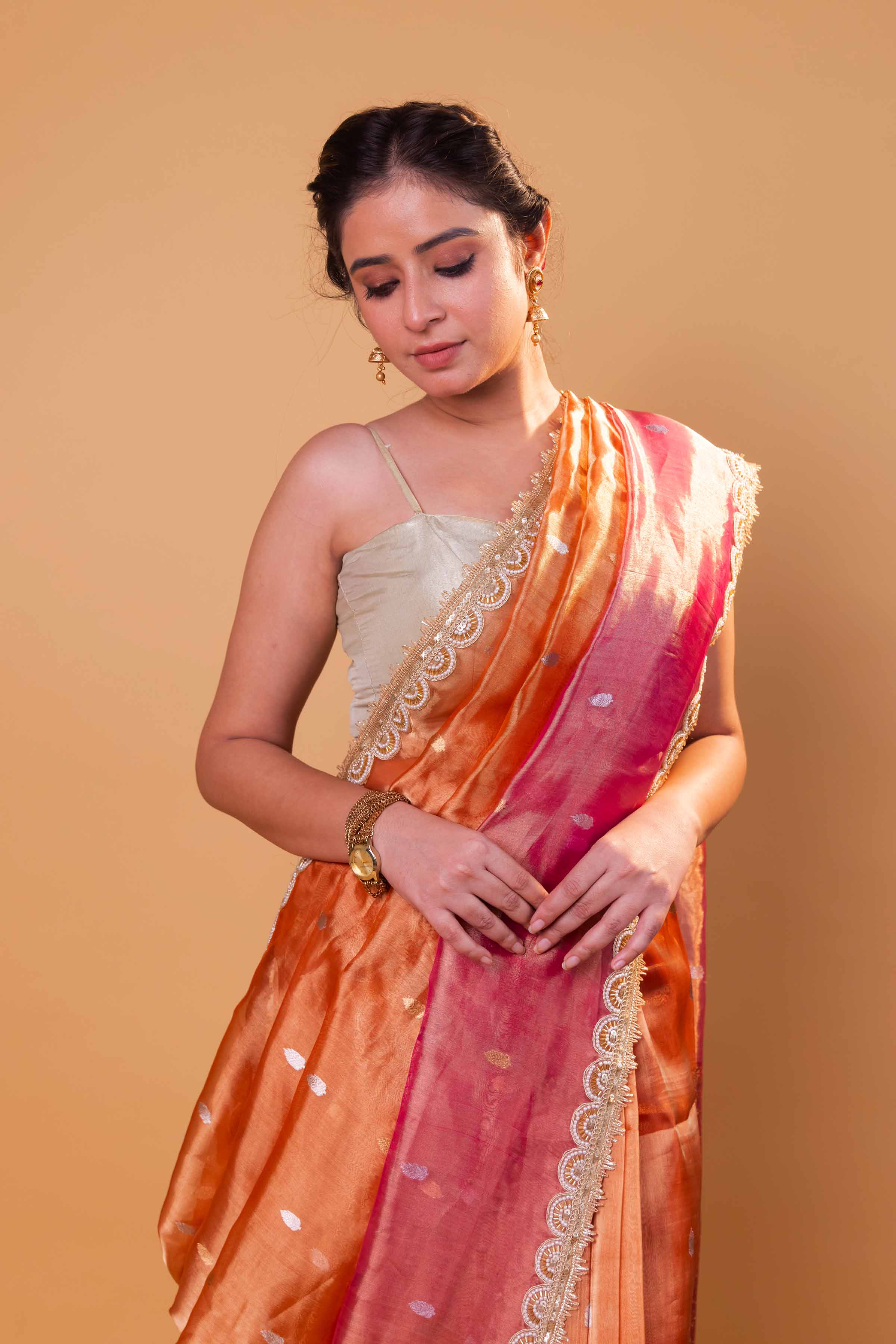 Orange & Rani Pure Tissue Silk Saree With Embroidery Border