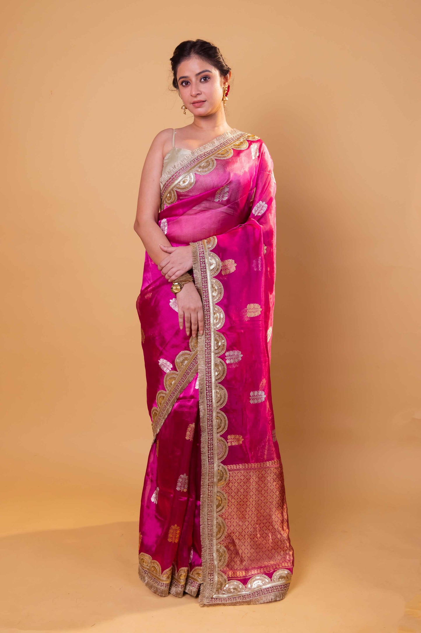 Rani Pink Pure Tissue Silk Saree With Embroidery Border
