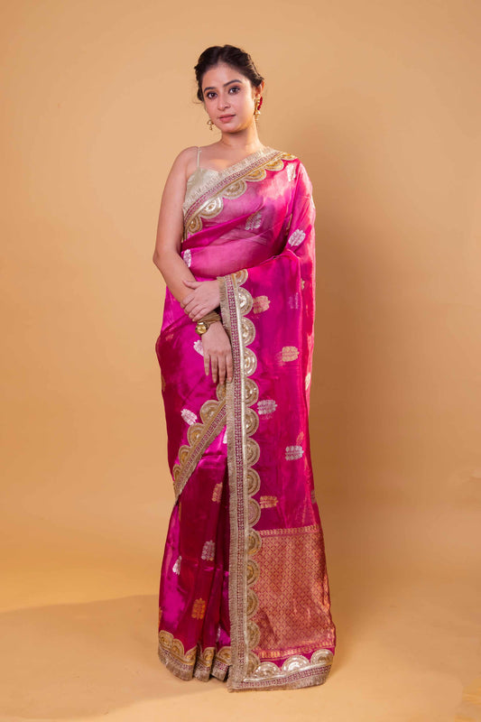 Rani Pink Pure Tissue Silk Saree With Embroidery Border