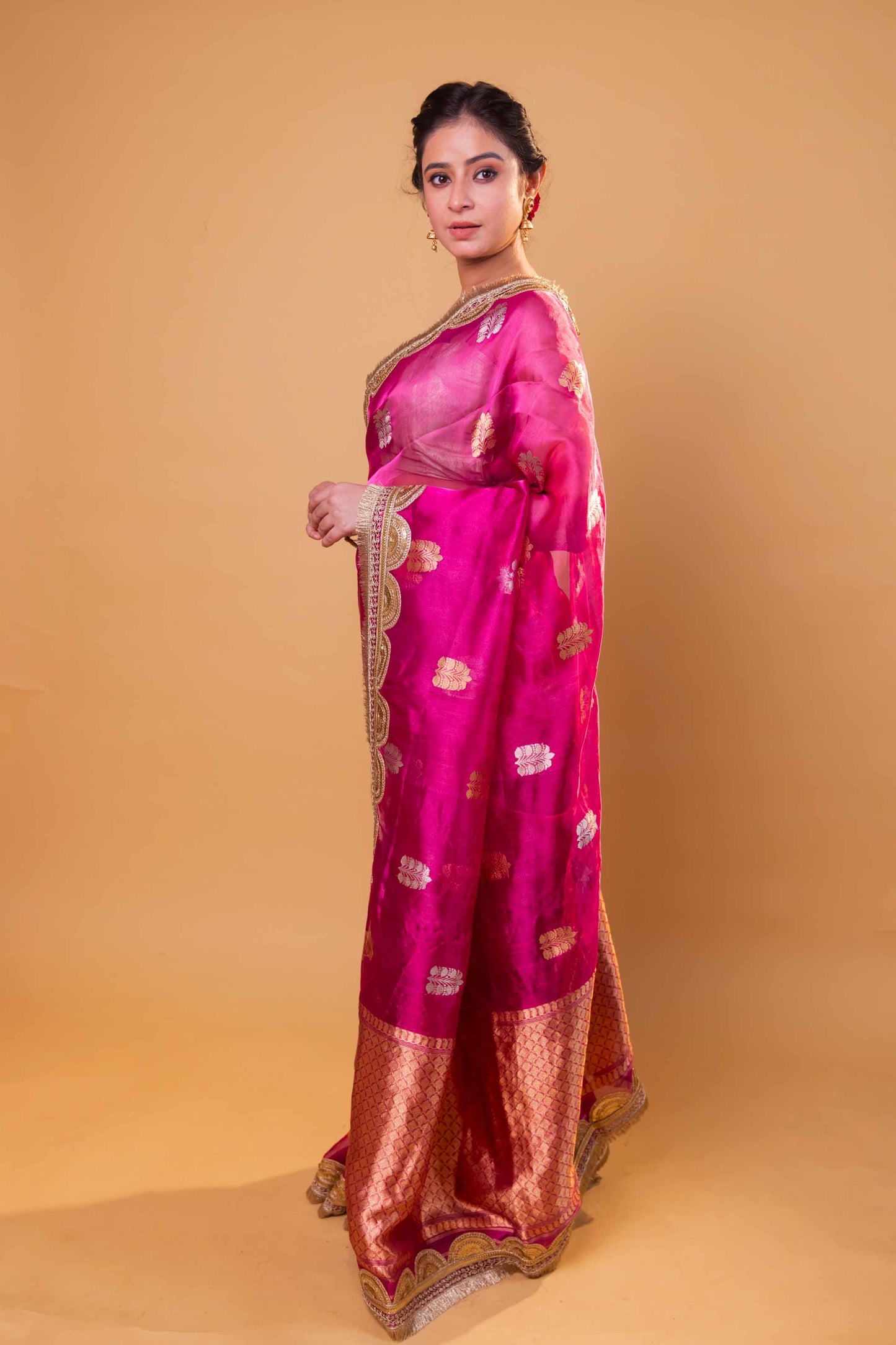 Rani Pink Pure Tissue Silk Saree With Embroidery Border