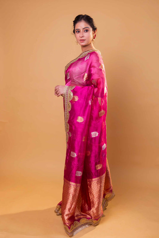 Rani Pink Pure Tissue Silk Saree With Embroidery Border