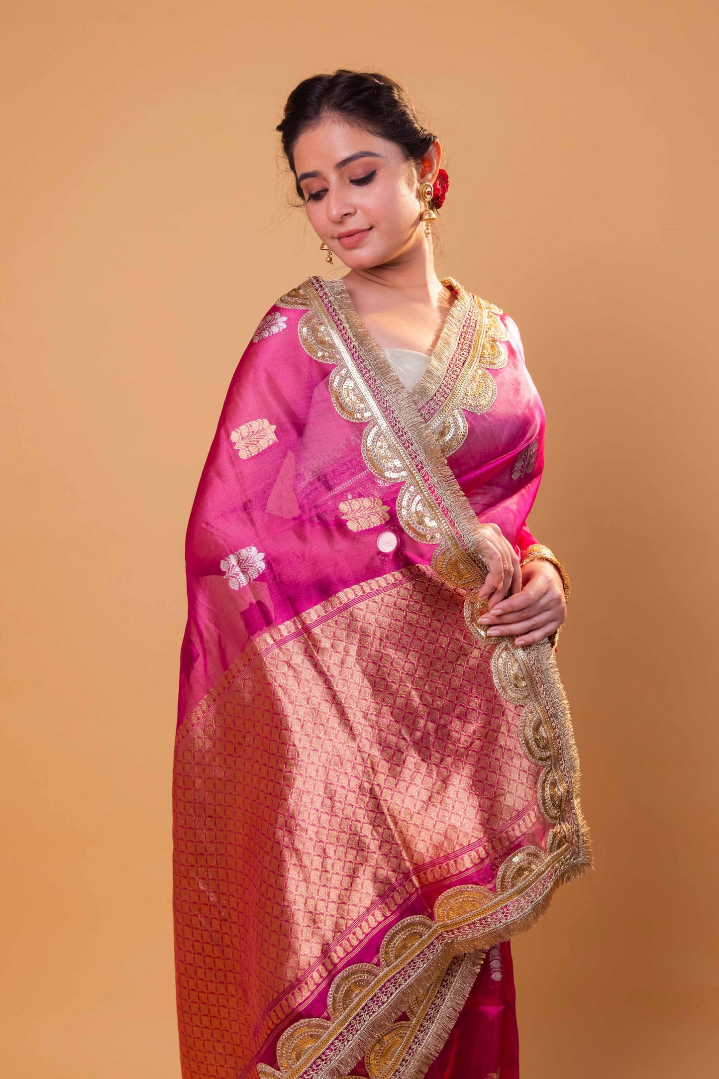 Rani Pink Pure Tissue Silk Saree With Embroidery Border