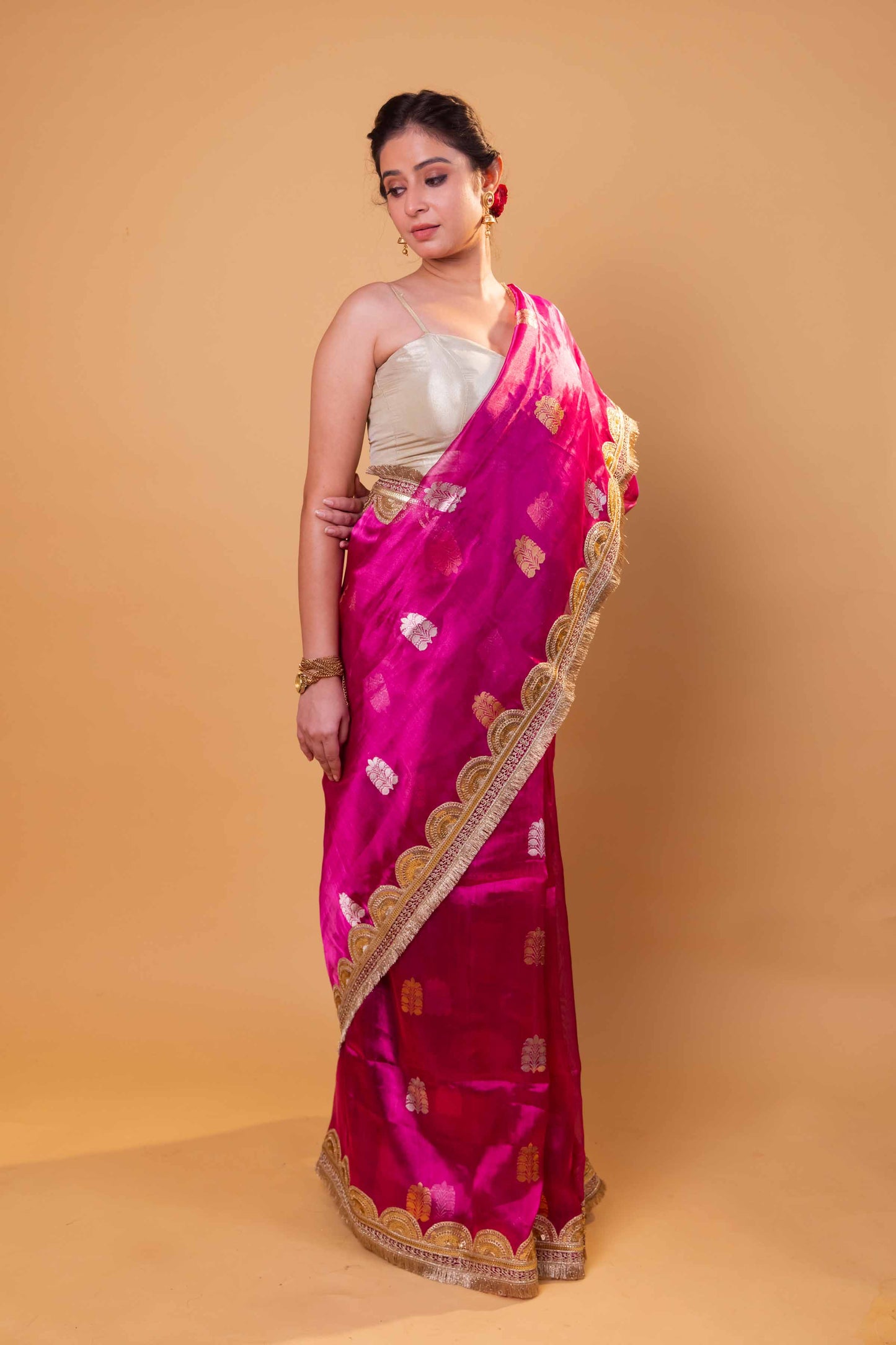 Rani Pink Pure Tissue Silk Saree With Embroidery Border