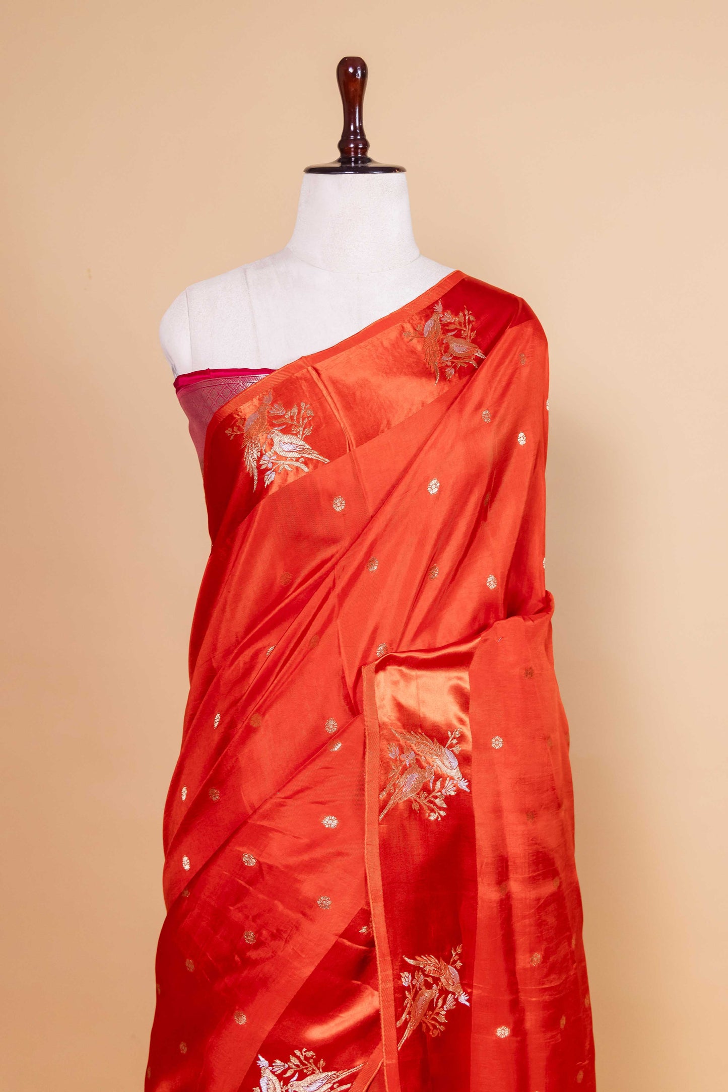 Orange Bird Motif Russian Silk Saree