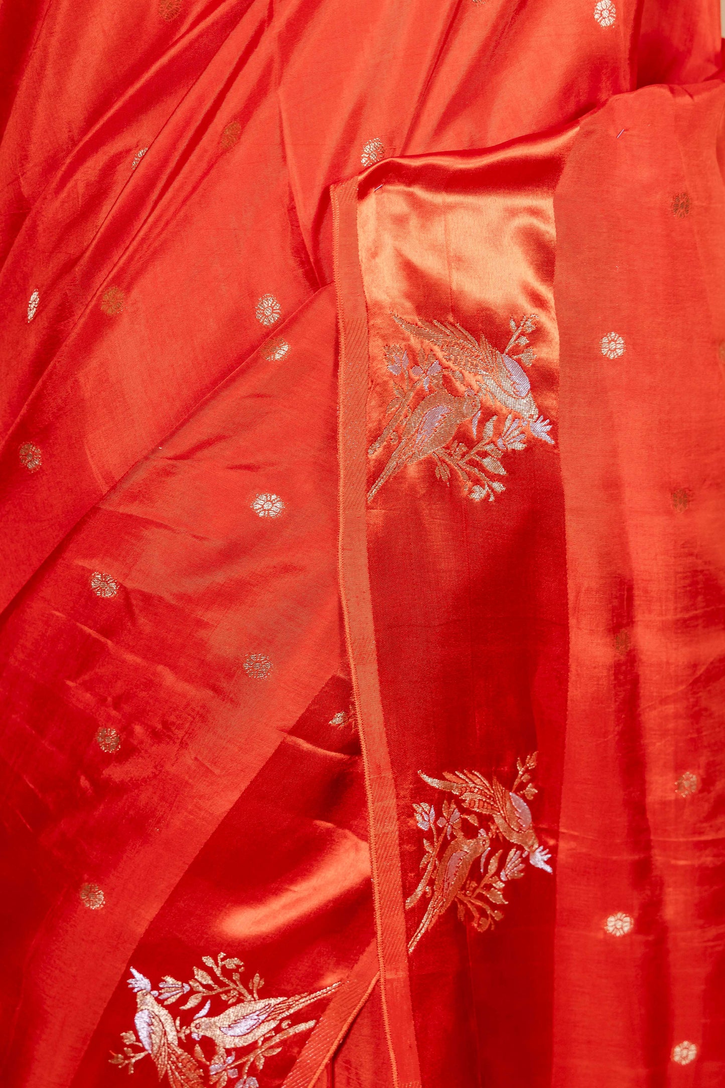 Orange Bird Motif Russian Silk Saree