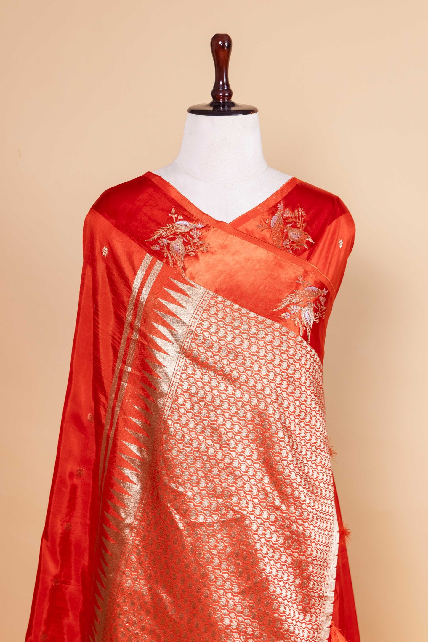 Orange Bird Motif Russian Silk Saree
