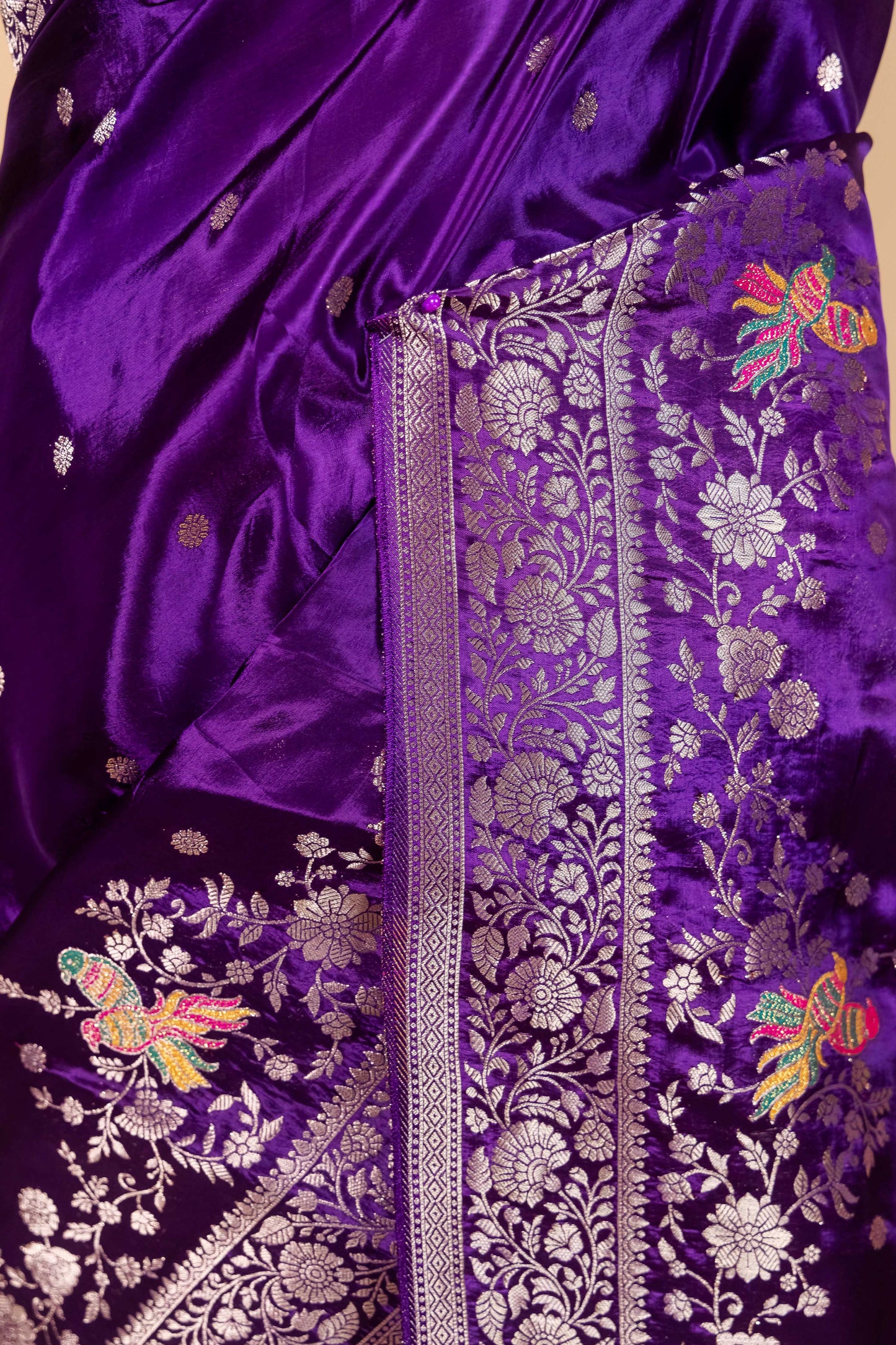 Purple Bird Motif Fancy Silk Saree