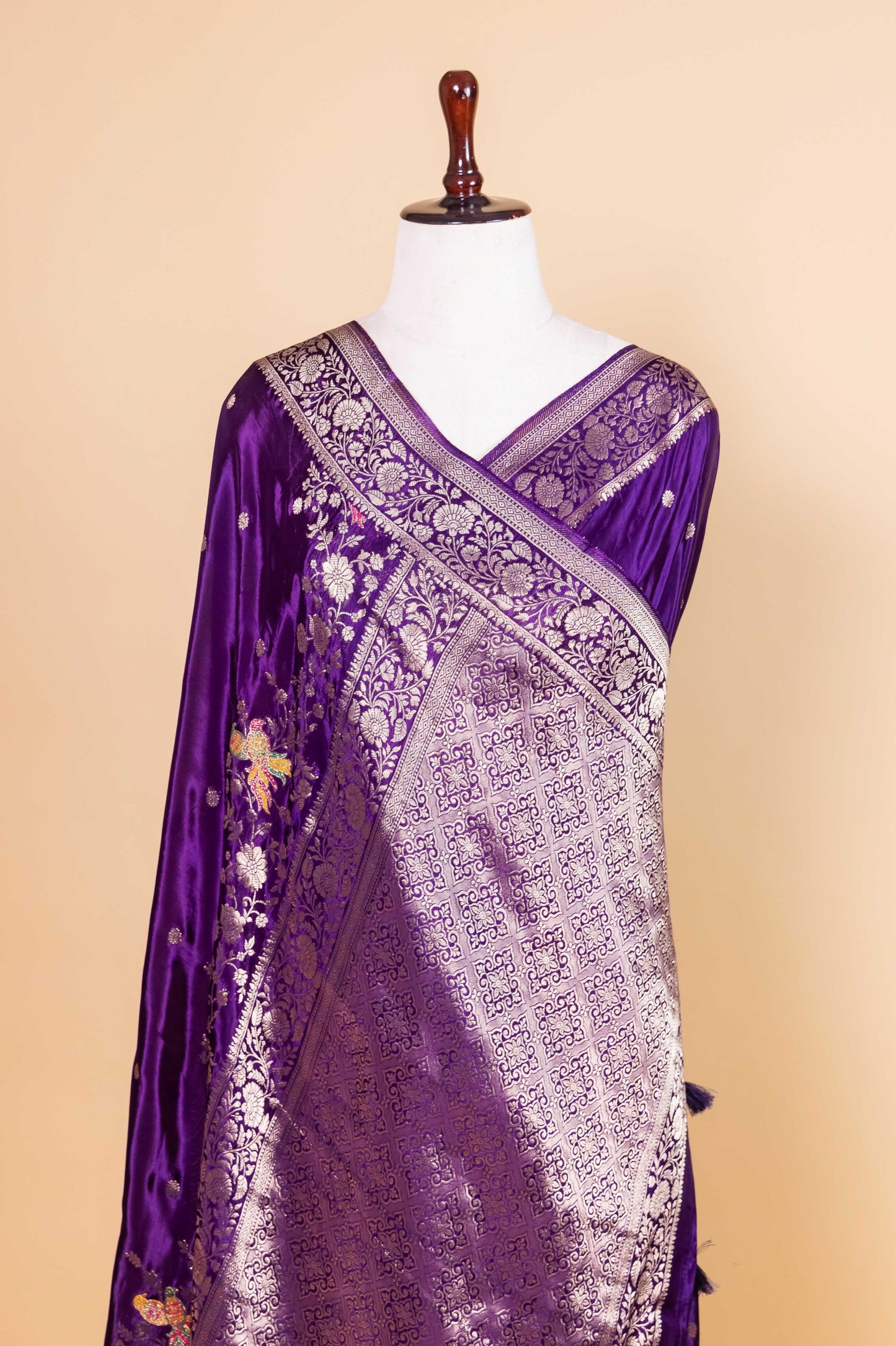 Purple Bird Motif Fancy Silk Saree