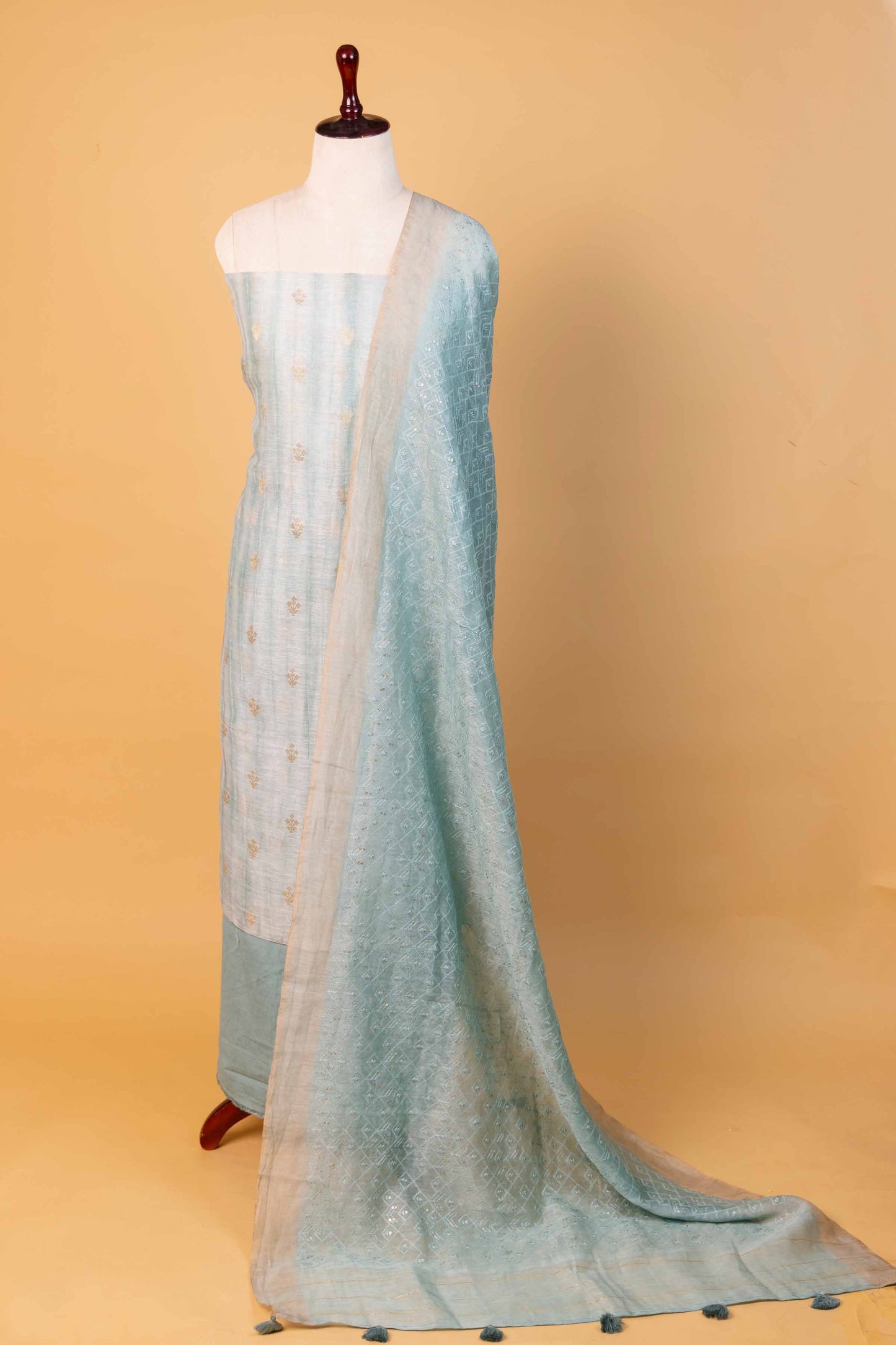 Sea Green Zari Woven Linen Silk Suit