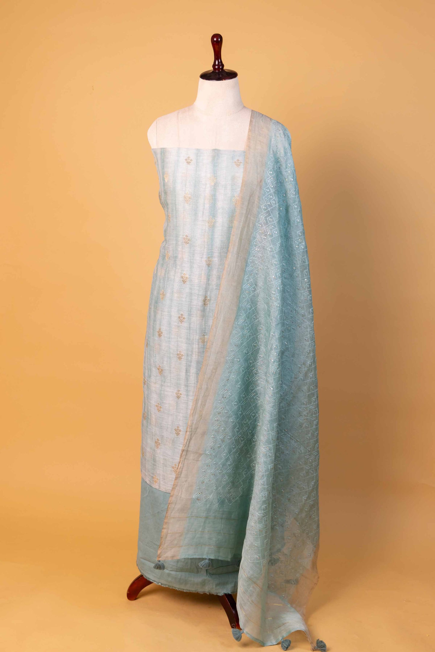 Sea Green Zari Woven Linen Silk Suit