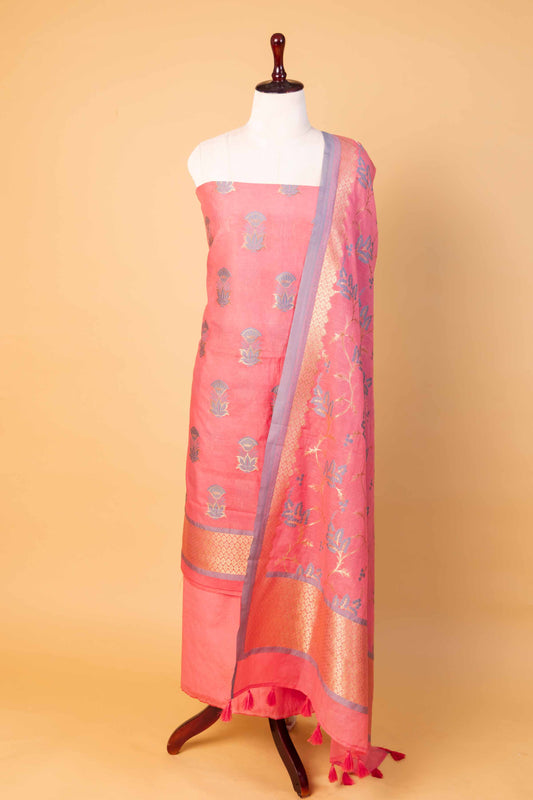 Flamingo Pink  Floral Weaving Chanderi Suit