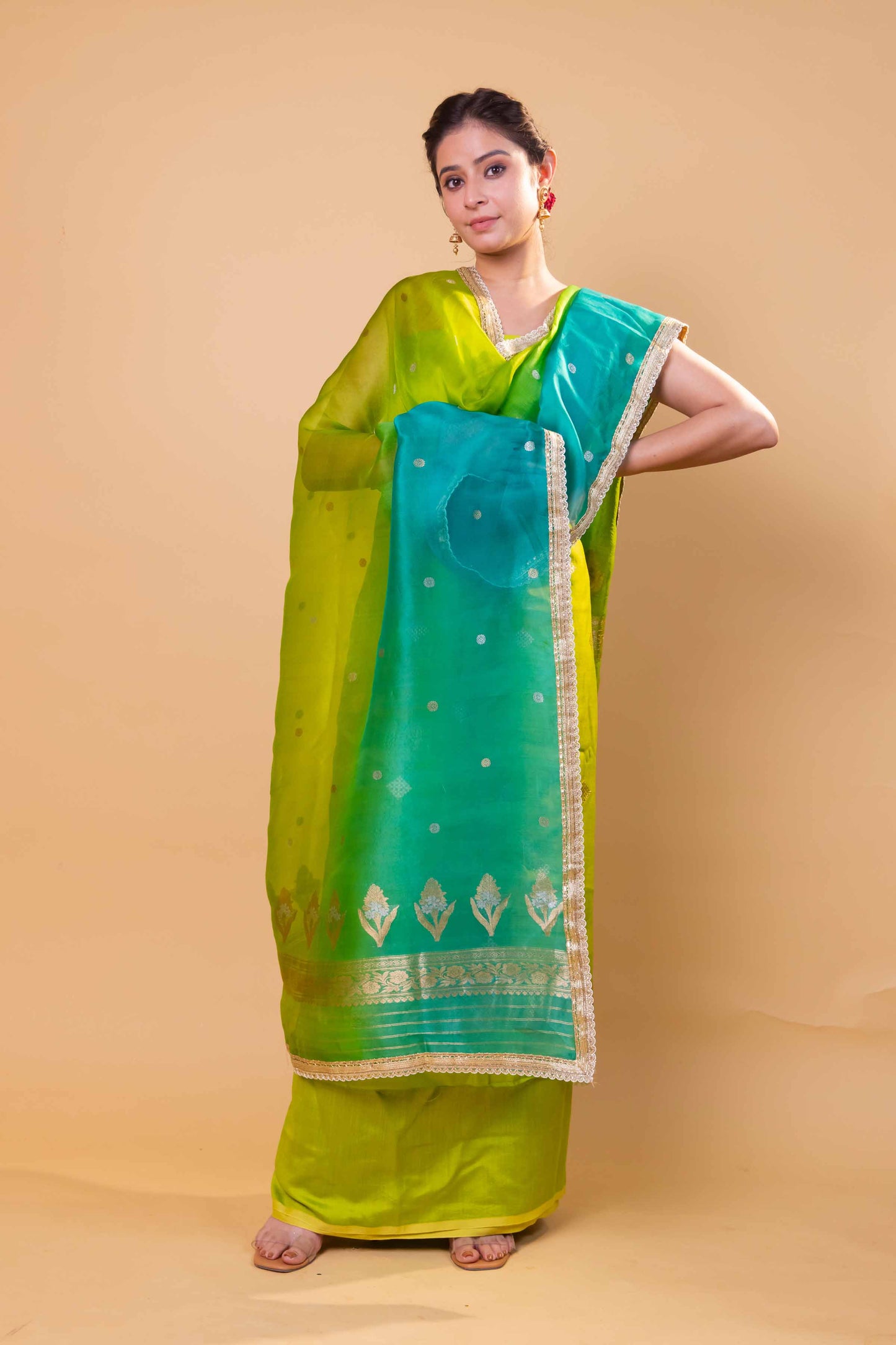 Pista Green Chiniya Silk Suit With Shaded Lace Dupatta