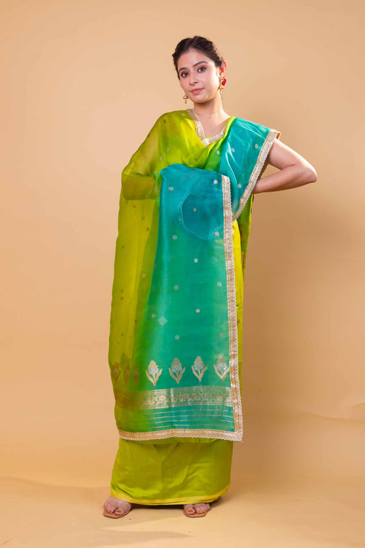 Pista Green Chiniya Silk Suit With Shaded Lace Dupatta