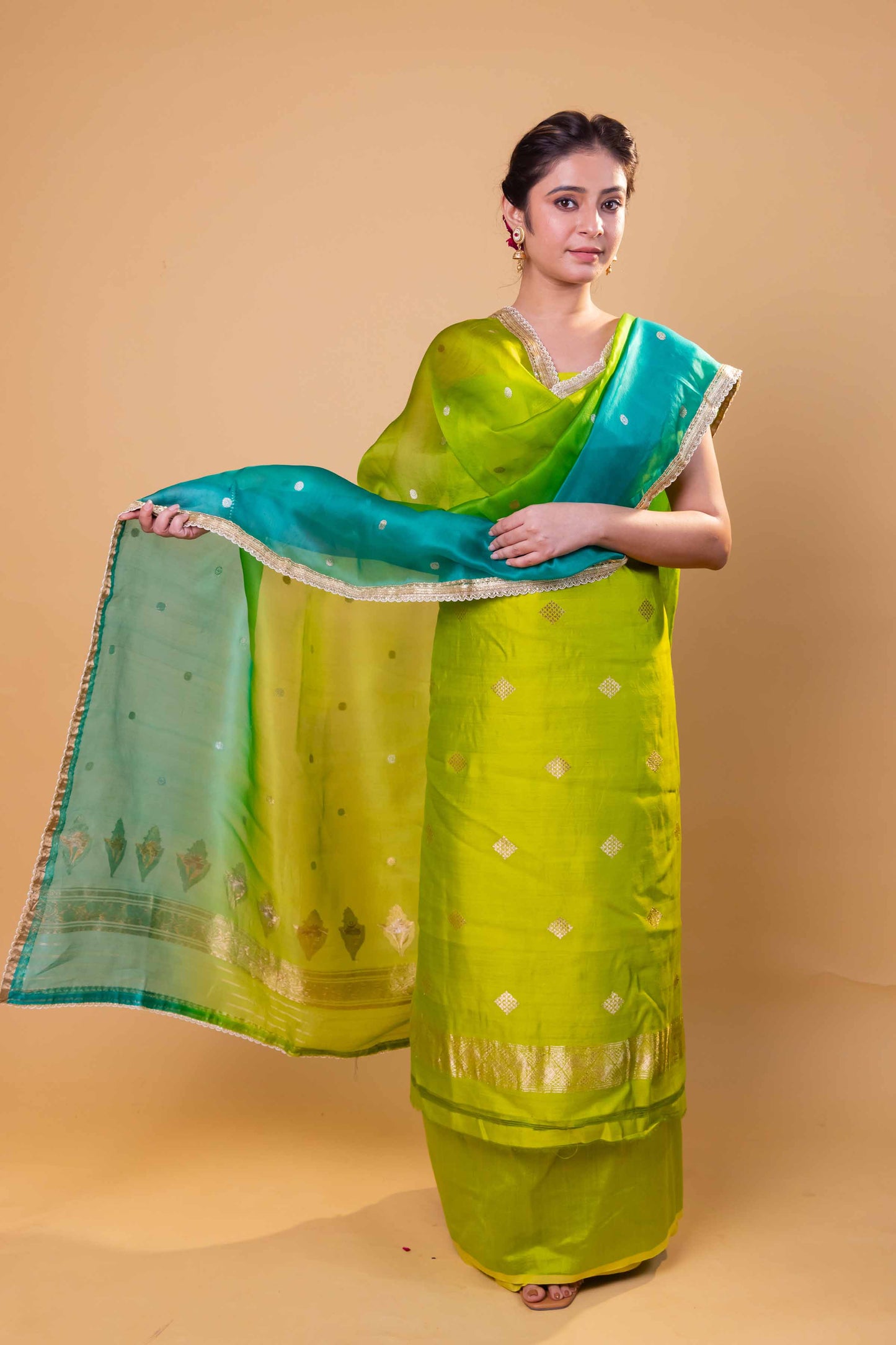 Pista Green Chiniya Silk Suit With Shaded Lace Dupatta