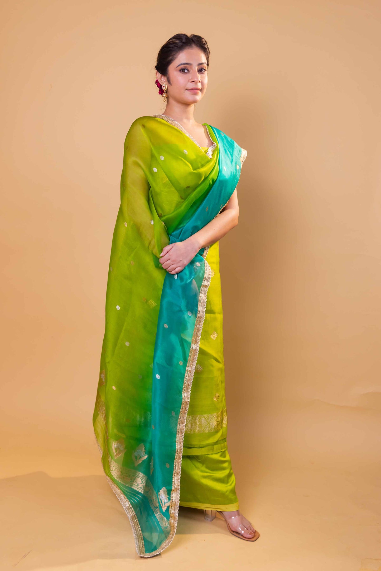 Pista Green Chiniya Silk Suit With Shaded Lace Dupatta