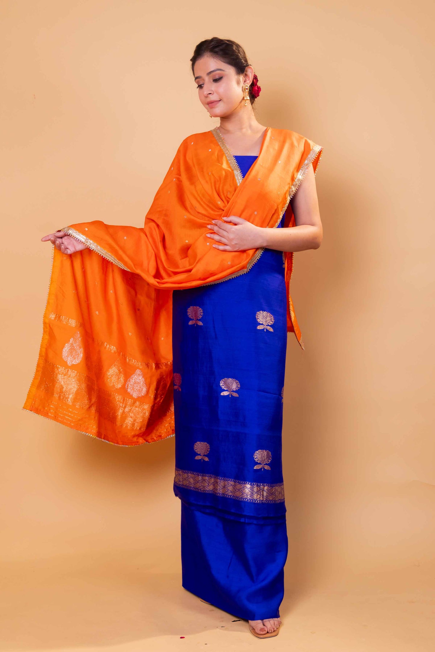 Royal Blue Chiniya Silk Suit With Orange Lace Dupatta