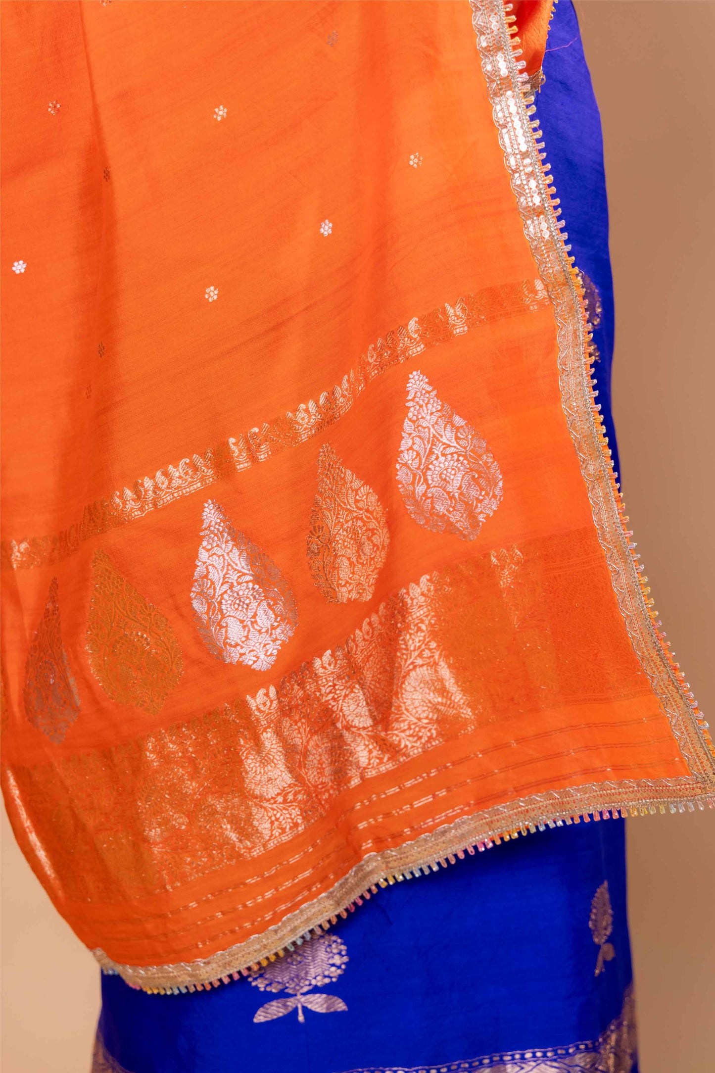 Royal Blue Chiniya Silk Suit With Orange Lace Dupatta