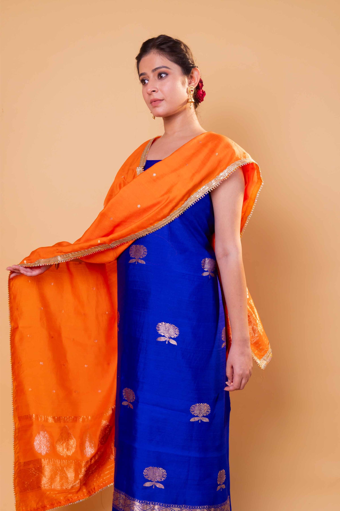 Royal Blue Chiniya Silk Suit With Orange Lace Dupatta