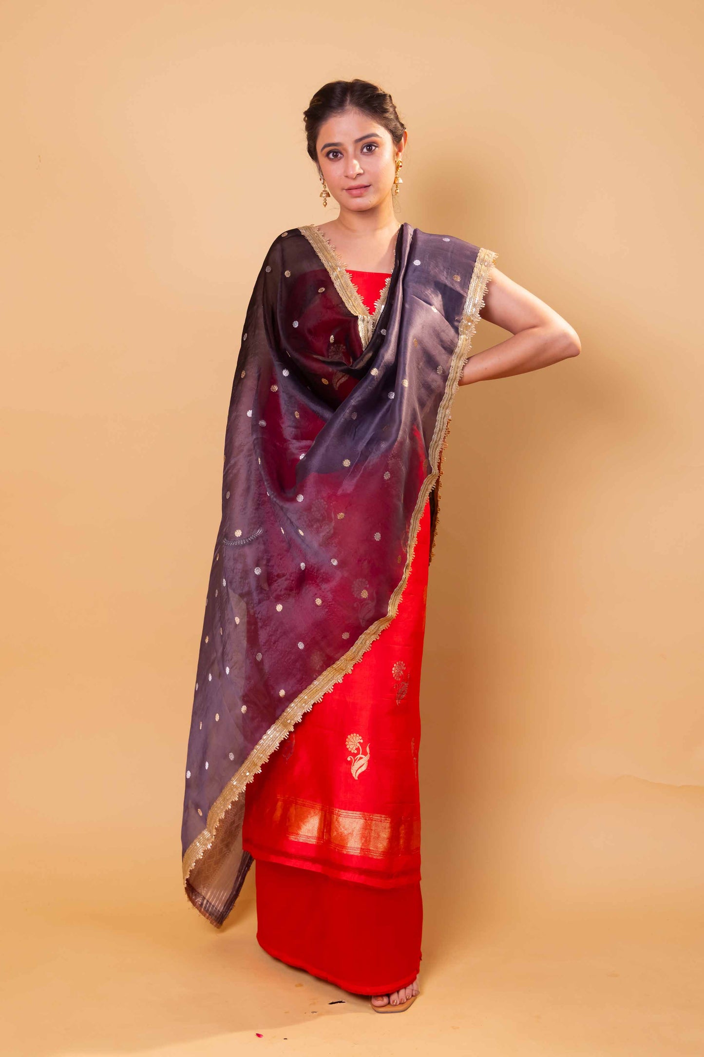 Red Chiniya Silk Suit With Black Lace Dupatta