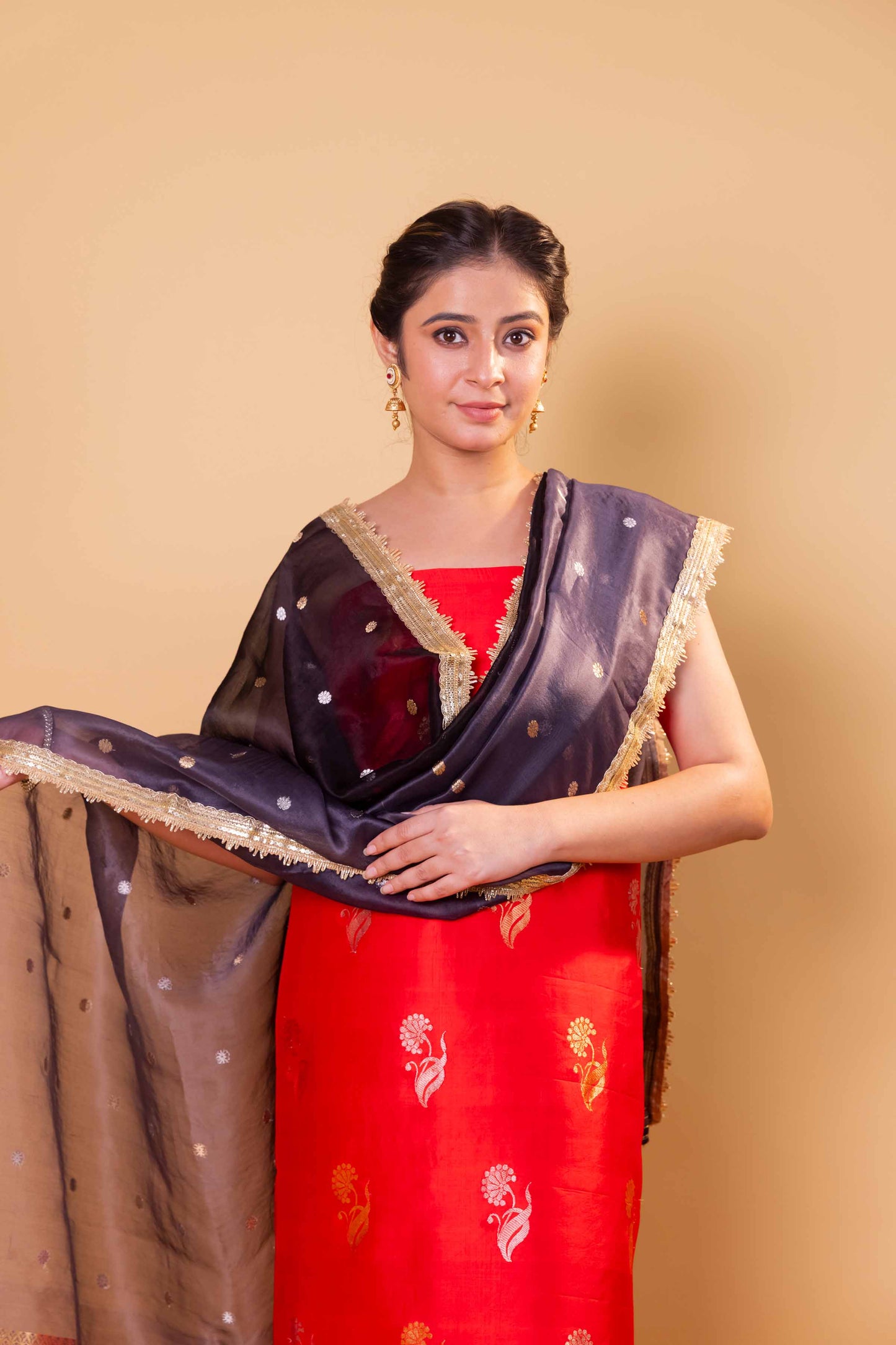 Red Chiniya Silk Suit With Black Lace Dupatta