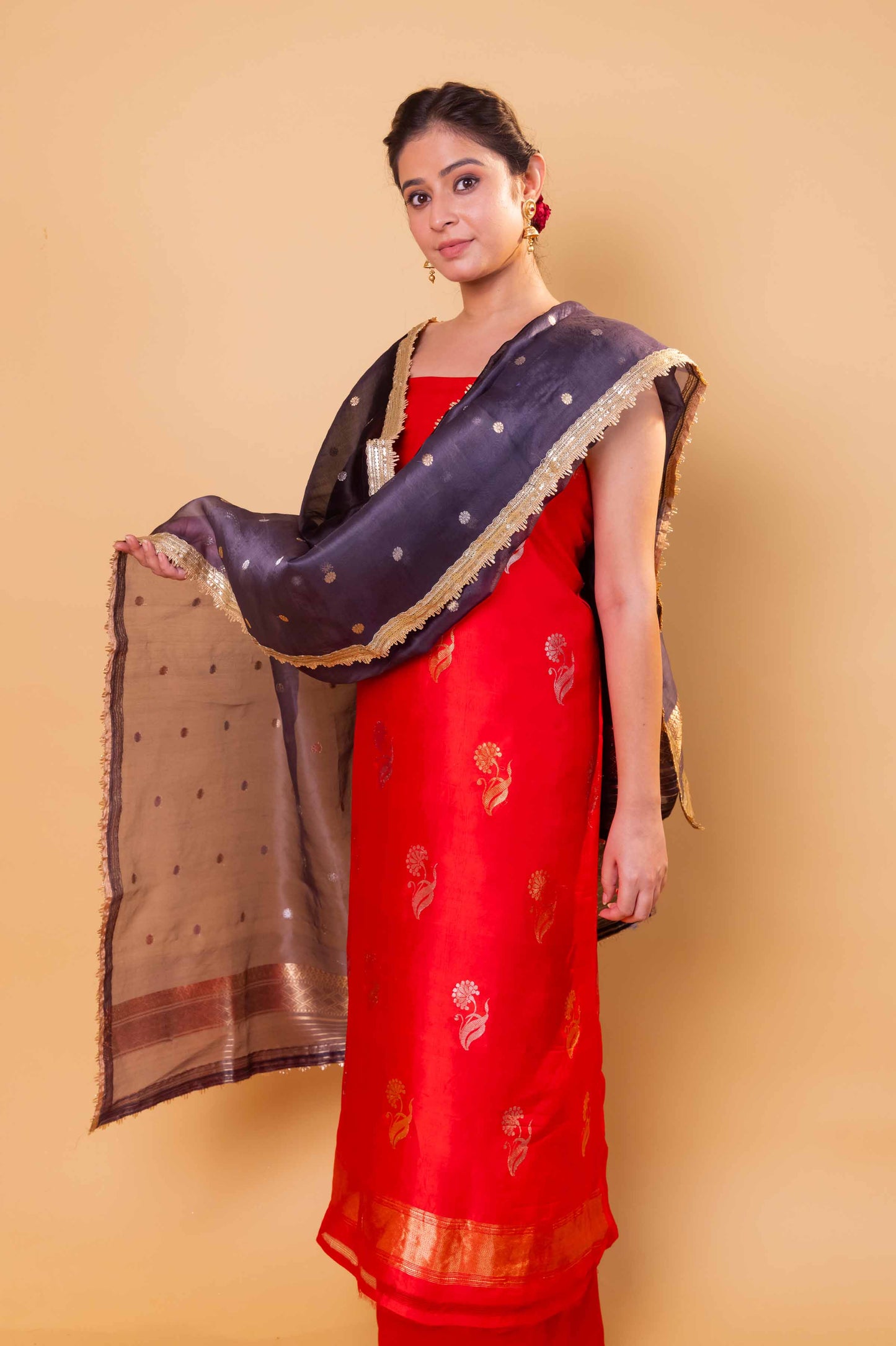 Red Chiniya Silk Suit With Black Lace Dupatta
