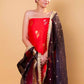 Red Chiniya Silk Suit With Black Lace Dupatta
