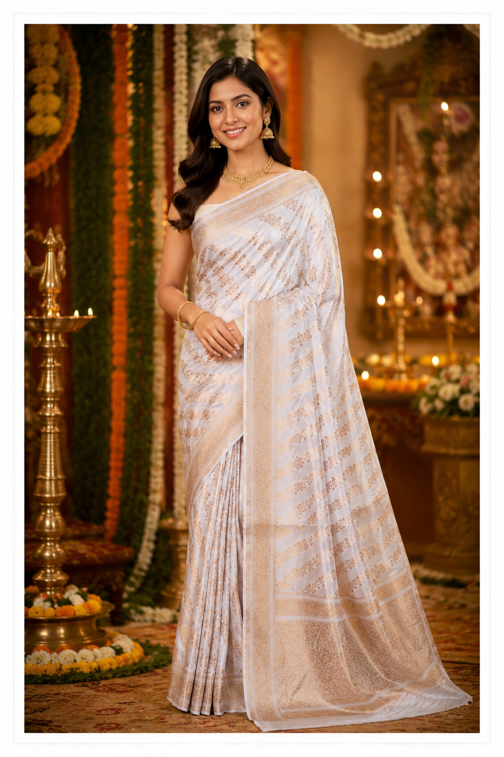 White With Gold Ada Weaving Katan Banarasi Silk Saree