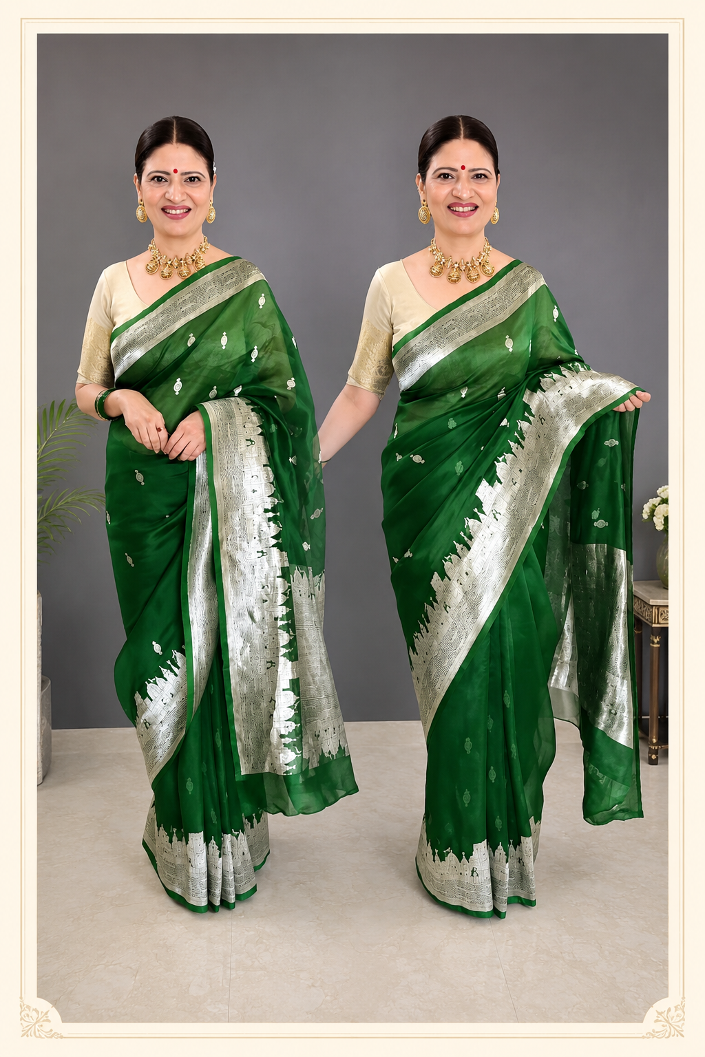 Bottle Green  Banarasi Ghat Weaving Organza Silk Saree