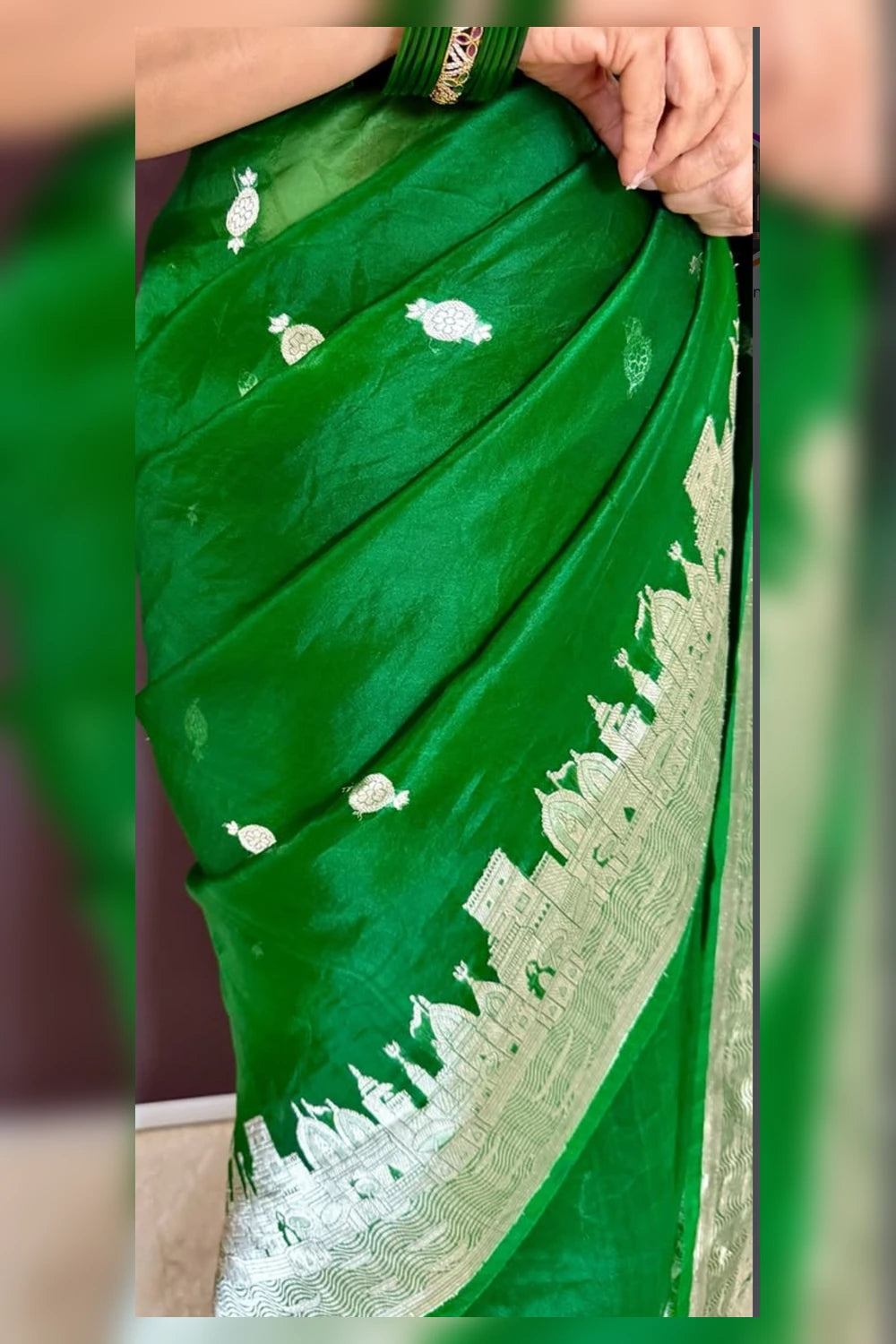 Bottle Green  Banarasi Ghat Weaving Organza Silk Saree