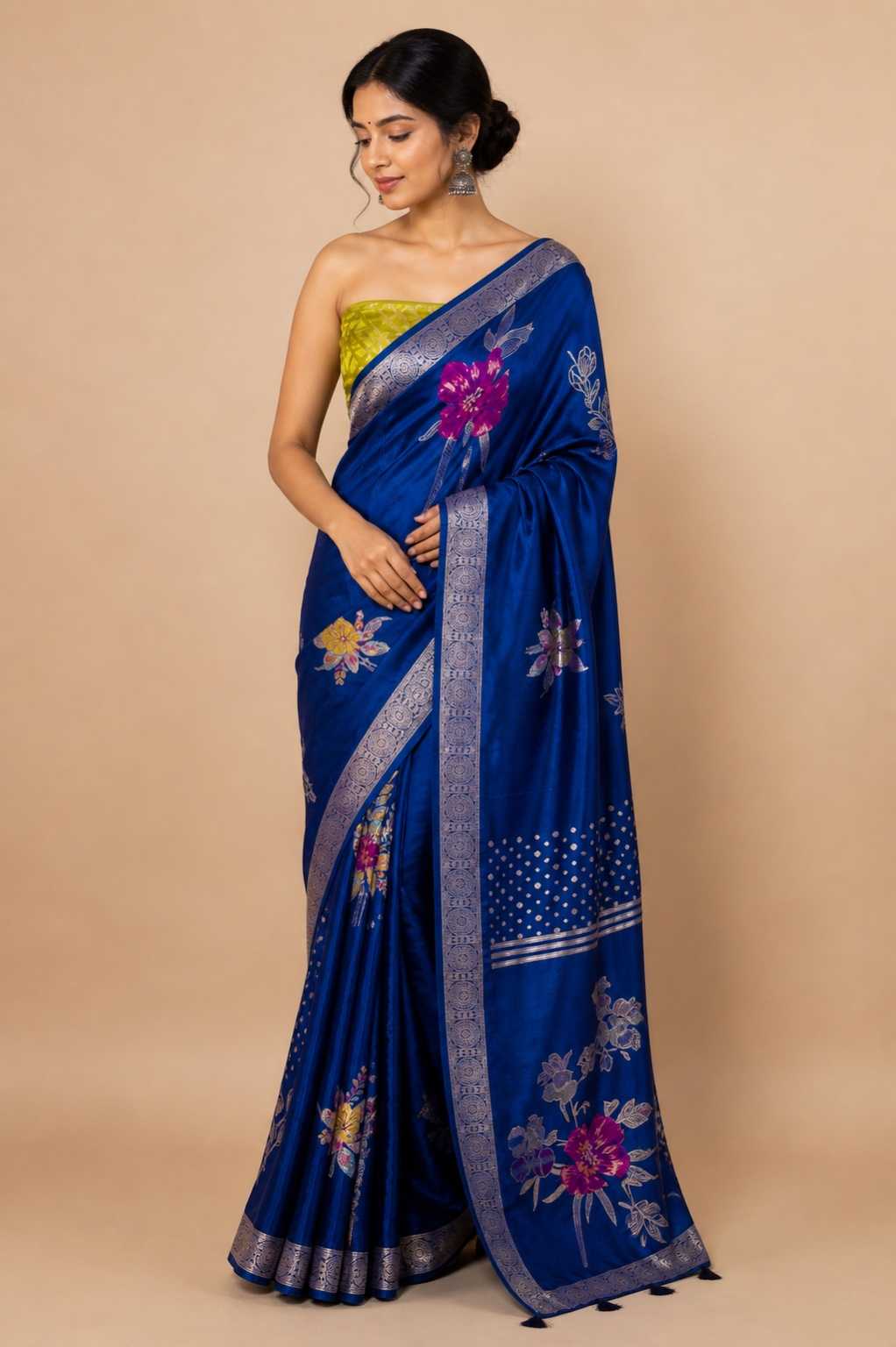 Midnight Blue Floral Weaving Silk Saree