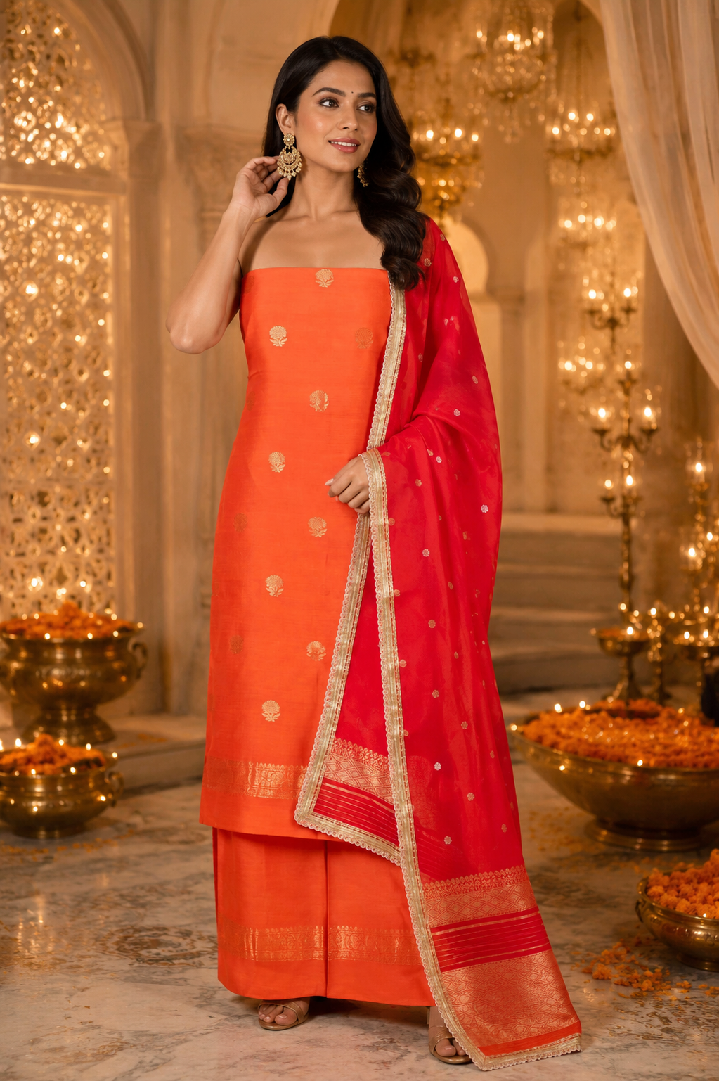 Saffron Chiniya Silk Suit With Shaded Lace Dupatta