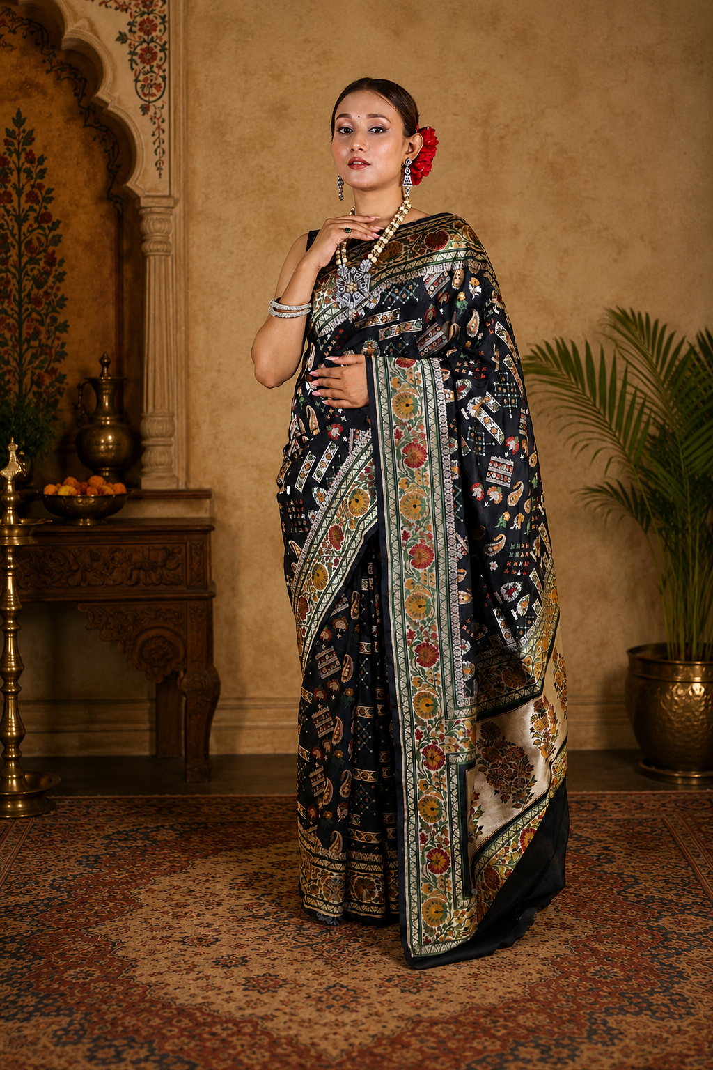 Black Meenedar Handwoven Katan Banarasi Silk Saree