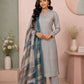 Ash Grey Linen Matka Embroidered Suit