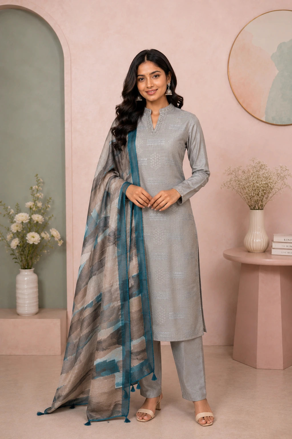 Ash Grey Linen Matka Embroidered Suit