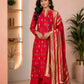 Red  Floral Weaving Chanderi Suit