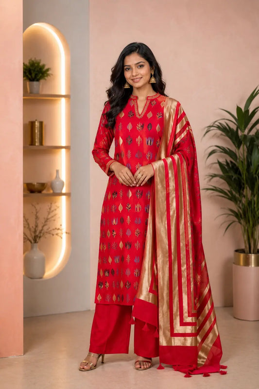 Red  Floral Weaving Chanderi Suit