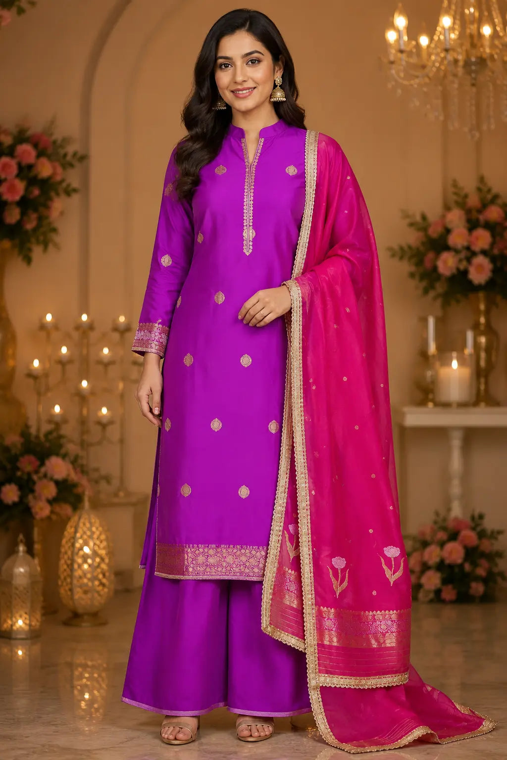 Purple Chiniya Silk Suit With Rani Lace Dupatta