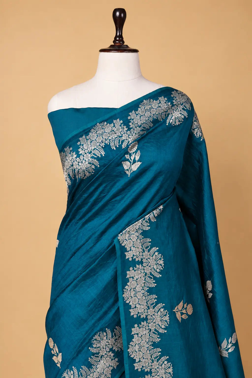 Peacock Blue Floral Puna Silk Saree
