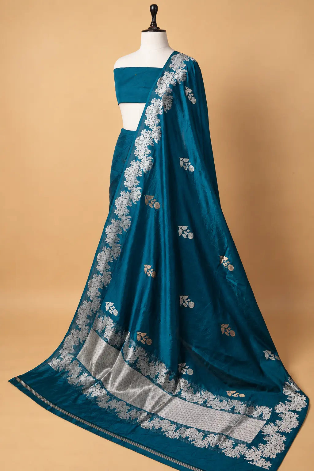 Peacock Blue Floral Puna Silk Saree