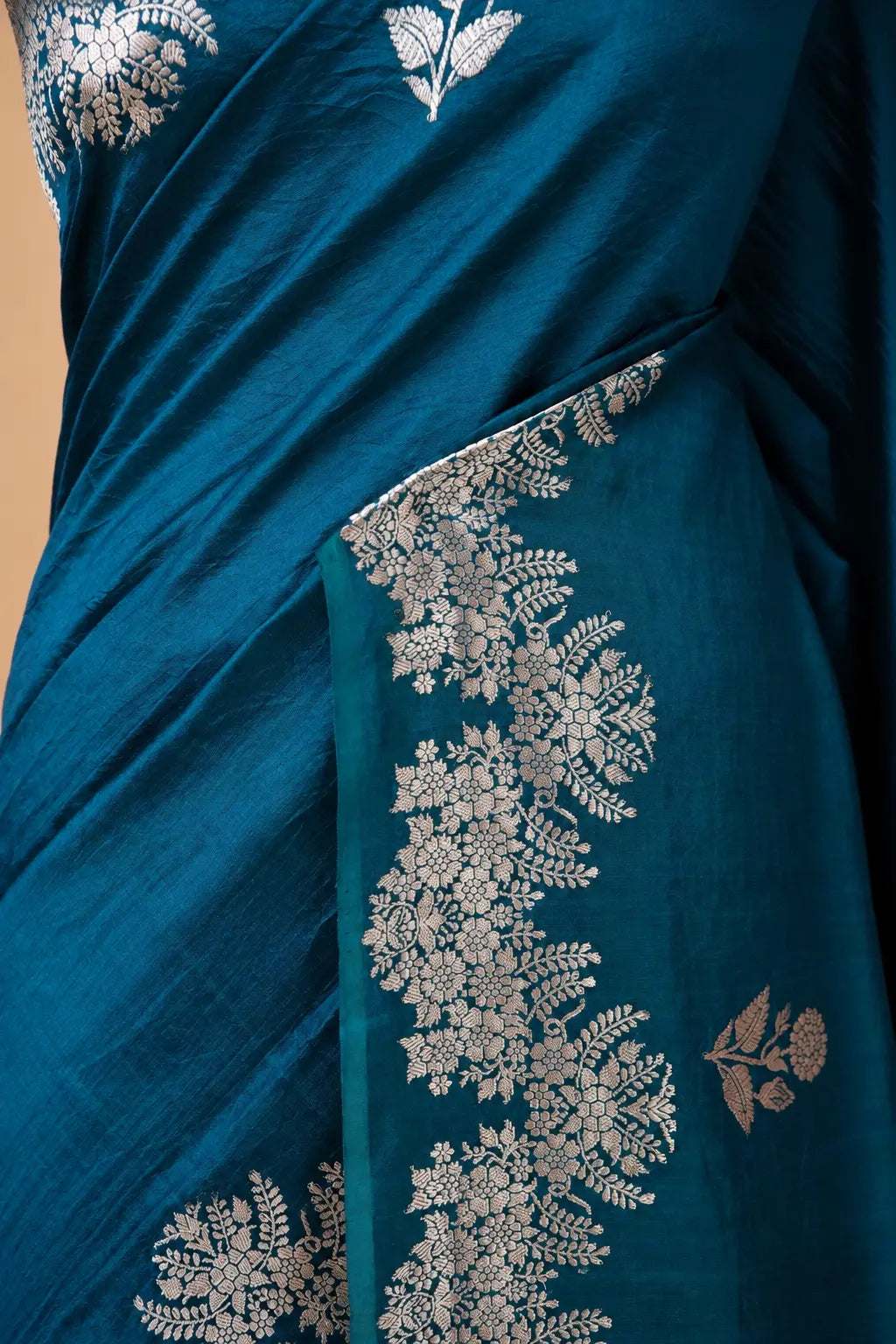 Peacock Blue Floral Puna Silk Saree