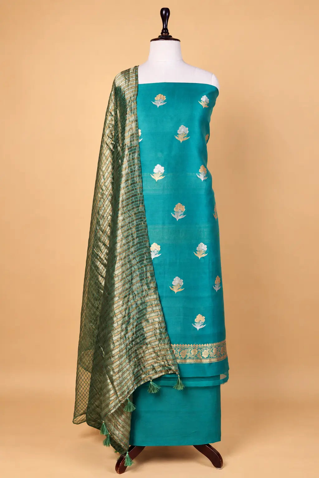 Teal Green Organza Handwoven Suit