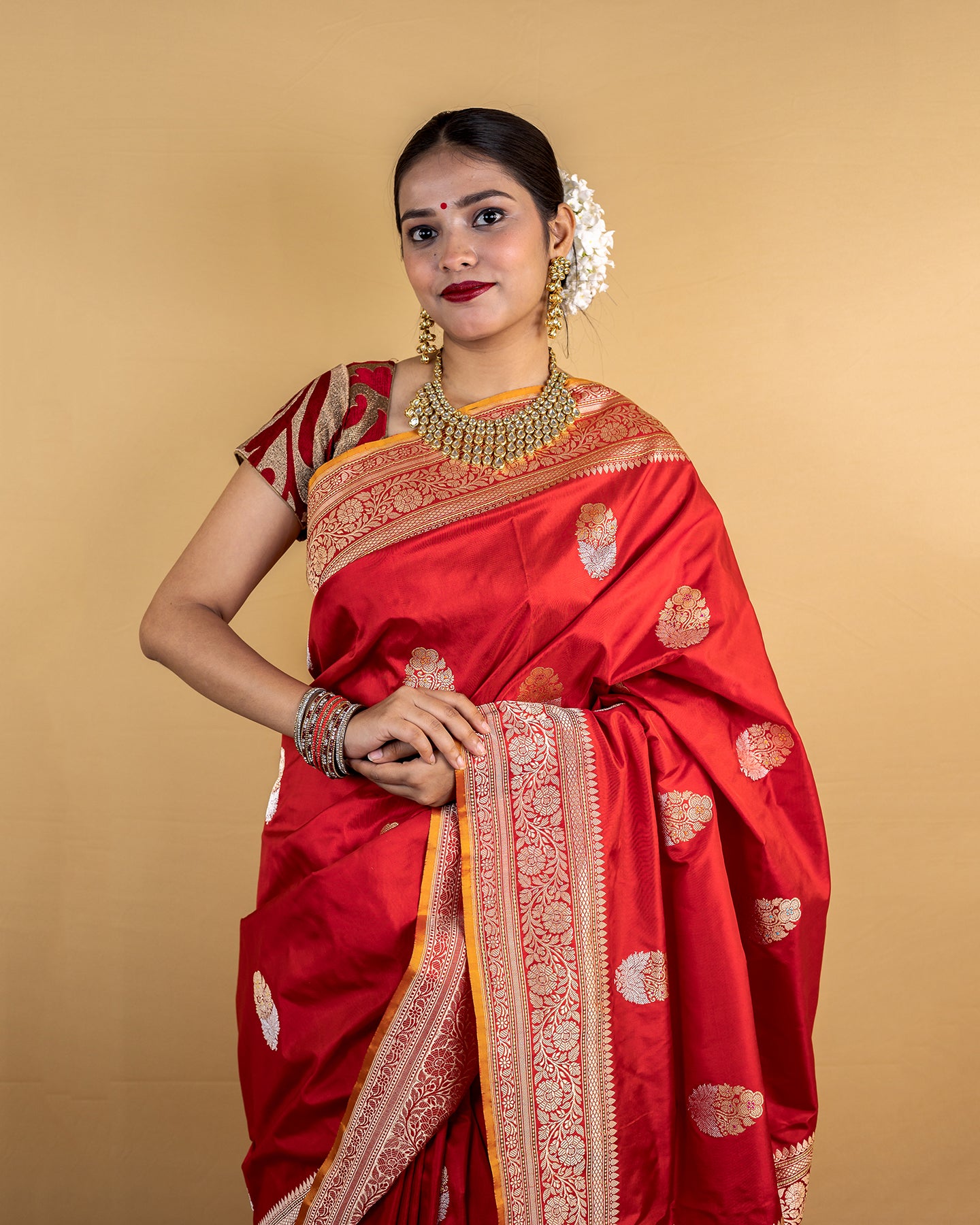 Cherry Red Sona Rupa Kadhua Katan Banarasi Silk Saree