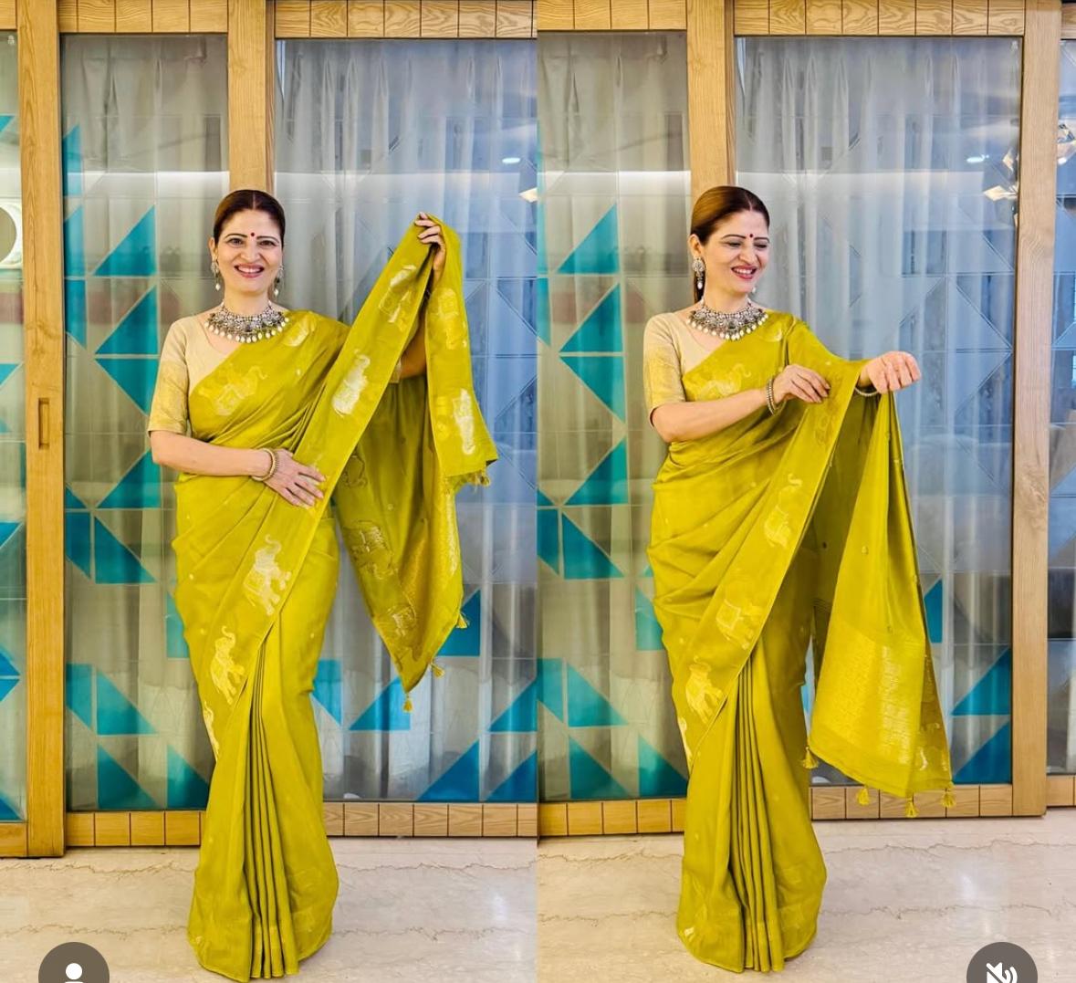 Lime Green Elephant Semi Silk Saree
