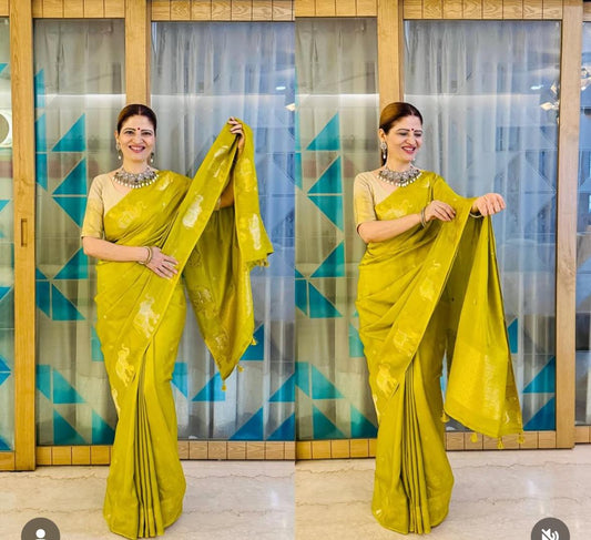 Lime Green Elephant Raw Mango Saree