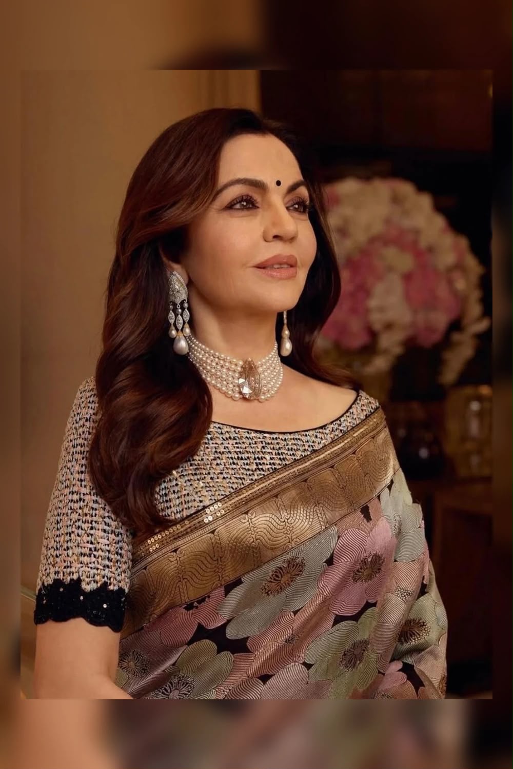 Nita Ambani Inspired Multicolor Floral Katan Silk Saree