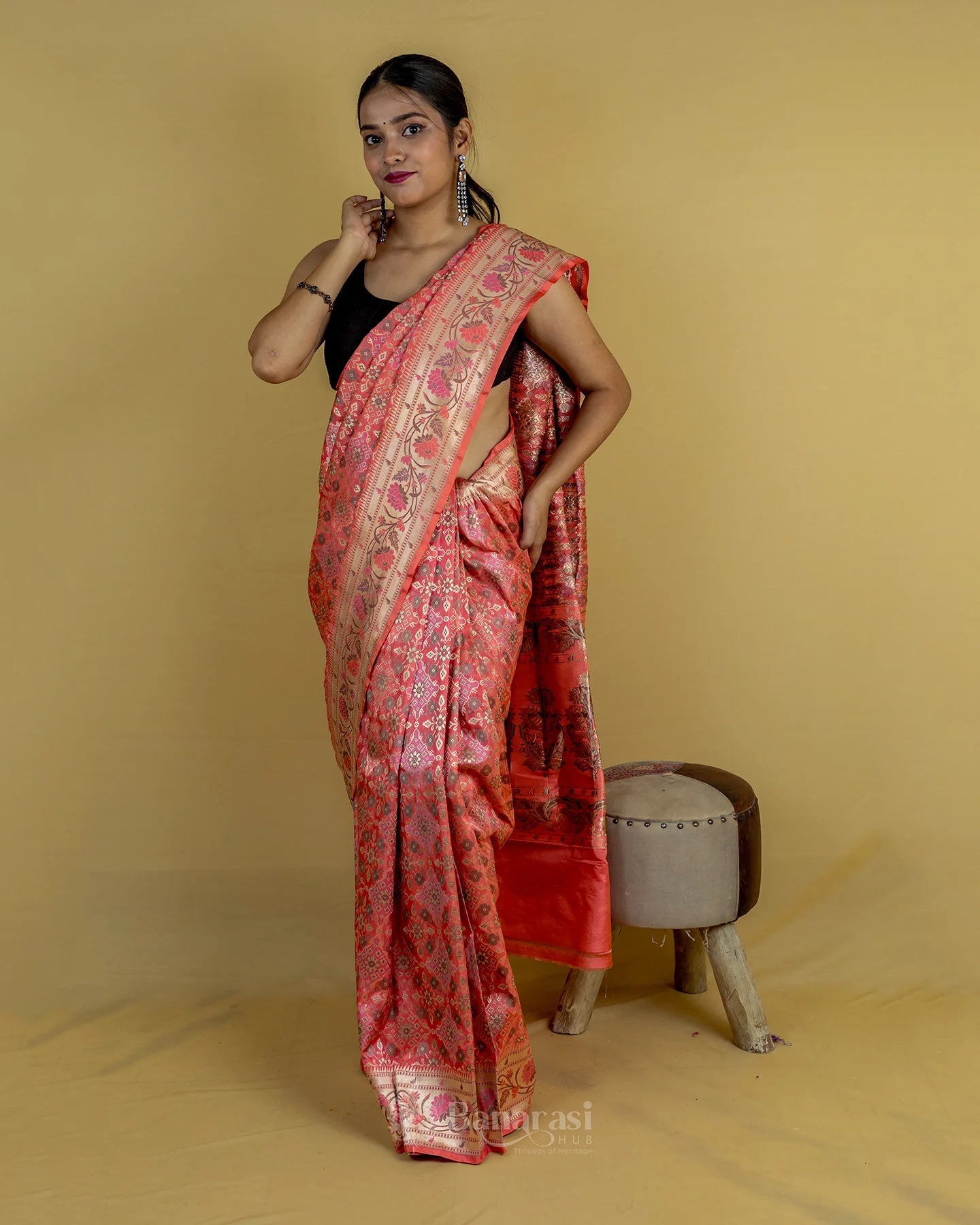 Peach Ikkat Handwoven Katan Banarasi Silk Saree
